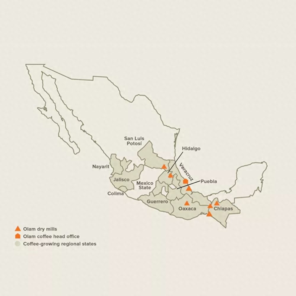 墨西哥位处于中美洲的北端，北部同美国接壤，南侧和西侧滨临太平洋，东南濒临加勒比海，与伯利兹、危地马拉接壤，东部则为墨西哥湾。是世界第四大咖啡生产国，是有机咖啡生产