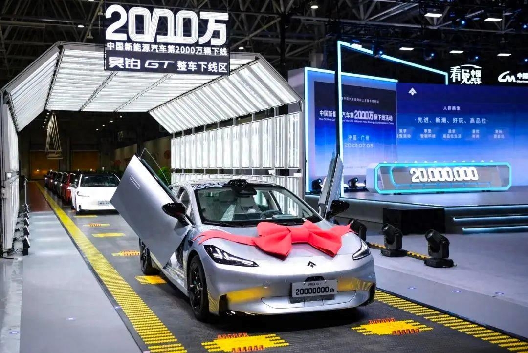 “中国新能源汽车在全球跑出‘中国速度’。”7月3日，我国第2000万辆新能源汽车在广州广汽下线，这是广汽新能源汽车的高光时刻，也是中国新能源汽车的荣耀时刻。第2000万辆新能源