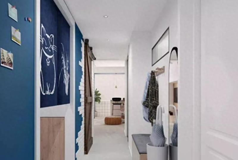 小情侣买48㎡小房，背景墙用蓝色黑板漆装饰，沙发