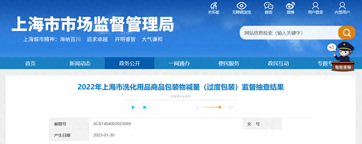中国质量新闻网讯 2023年1月30日，上海市市场监督管理局网站公布2022年上海市洗化用品商品包装物减量（过度包装）监督抽查结果。近期，上海市市场监督管理局对上海市洗化用品进行