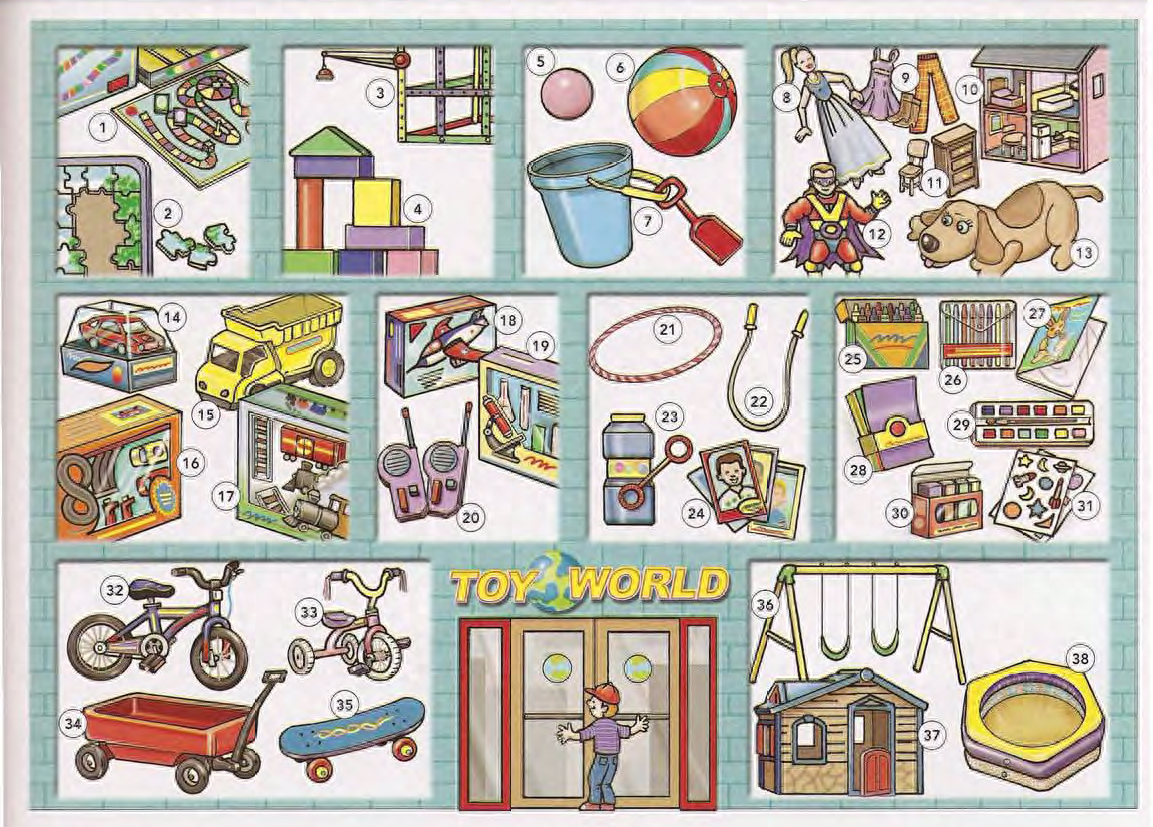 (1)board game:棋盘游戏(2)jigsaw puzzle:智力拼图玩具(3)construction set:建筑玩具模型(4)building blocks:积木(5)rubber ball:橡皮球，弹力球(6)beach ball:沙滩球(7)pail and shovel:桶子和铲